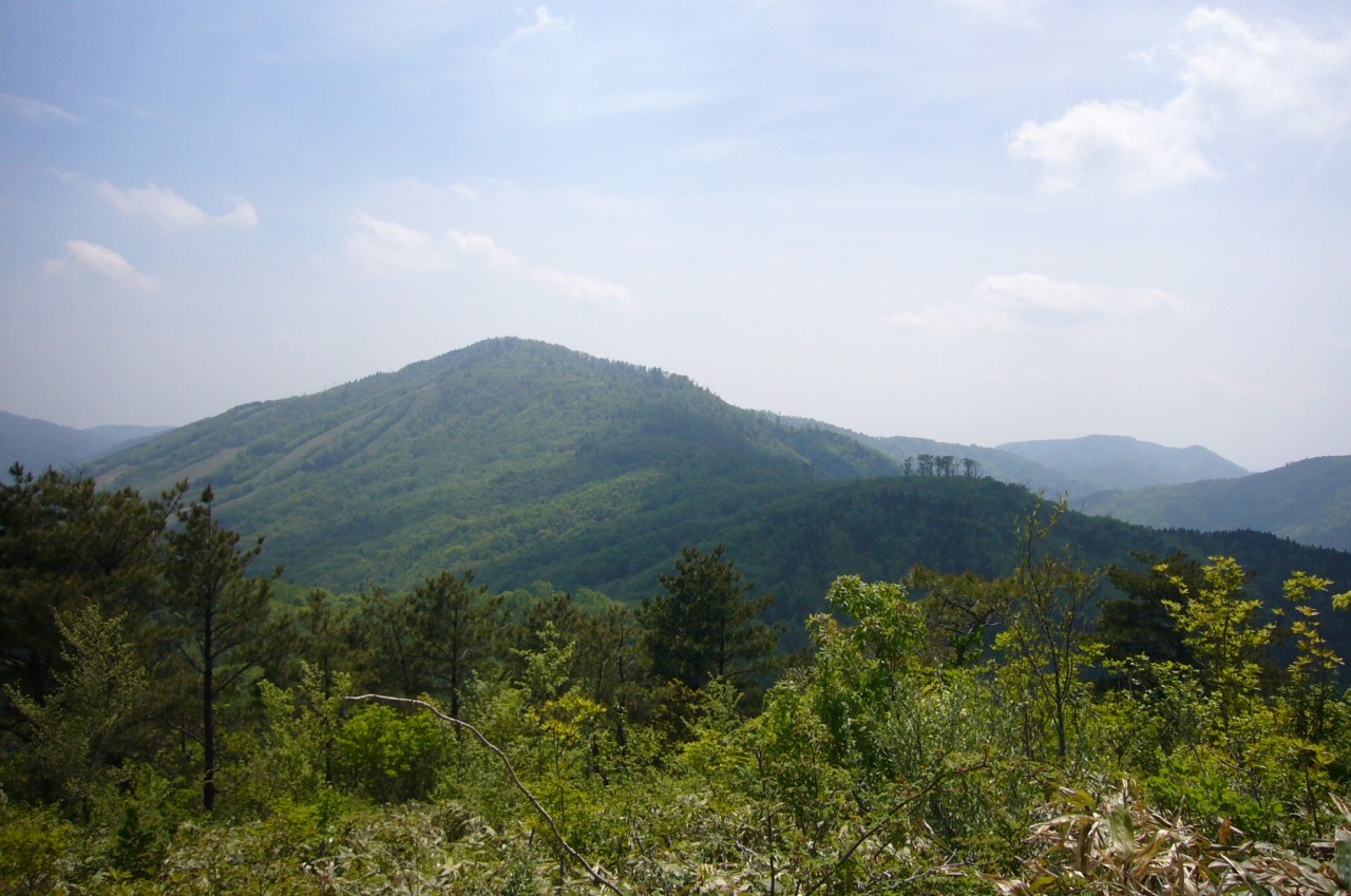 遠景：手前のピークが砥石郷山です